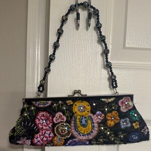 New York & Company Black Embroidered Beaded Floral Evening Clutch